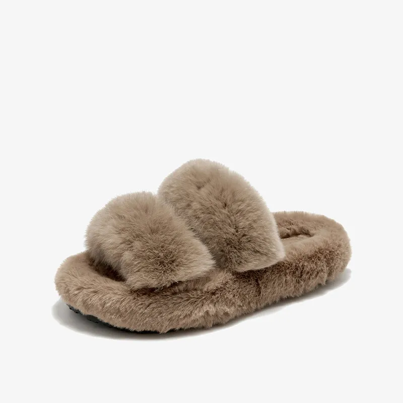 BeauToday Pure Color Soft Rabbit Fur Platform Slouchy Slippers for Women  at Home or Outing