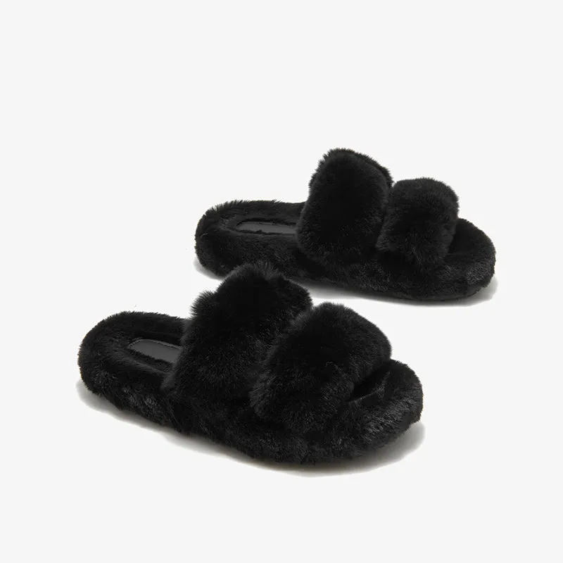 BeauToday Pure Color Soft Rabbit Fur Platform Slouchy Slippers for Women  at Home or Outing