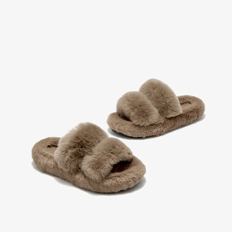 BeauToday Pure Color Soft Rabbit Fur Platform Slouchy Slippers for Women  at Home or Outing