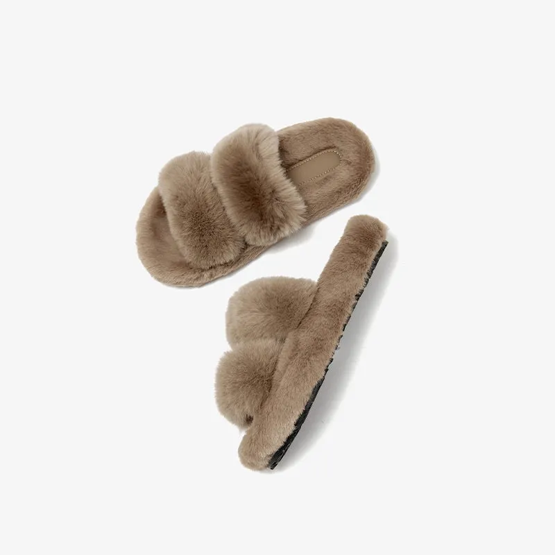 BeauToday Pure Color Soft Rabbit Fur Platform Slouchy Slippers for Women  at Home or Outing