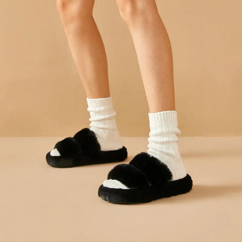 BeauToday Pure Color Soft Rabbit Fur Platform Slouchy Slippers for Women  at Home or Outing
