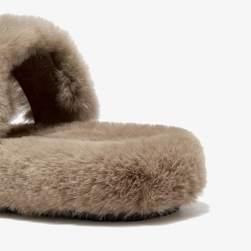 BeauToday Pure Color Soft Rabbit Fur Platform Slouchy Slippers for Women  at Home or Outing