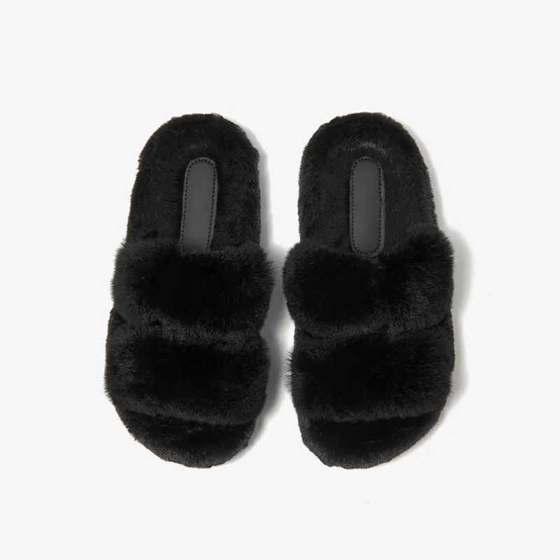 BeauToday Pure Color Soft Rabbit Fur Platform Slouchy Slippers for Women  at Home or Outing
