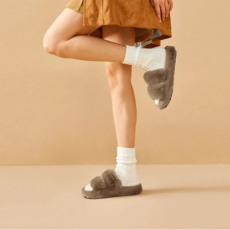BeauToday Pure Color Soft Rabbit Fur Platform Slouchy Slippers for Women  at Home or Outing