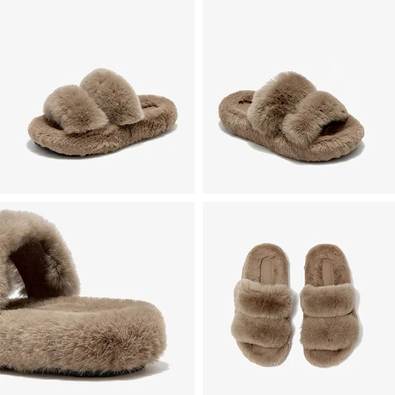 BeauToday Pure Color Soft Rabbit Fur Platform Slouchy Slippers for Women  at Home or Outing