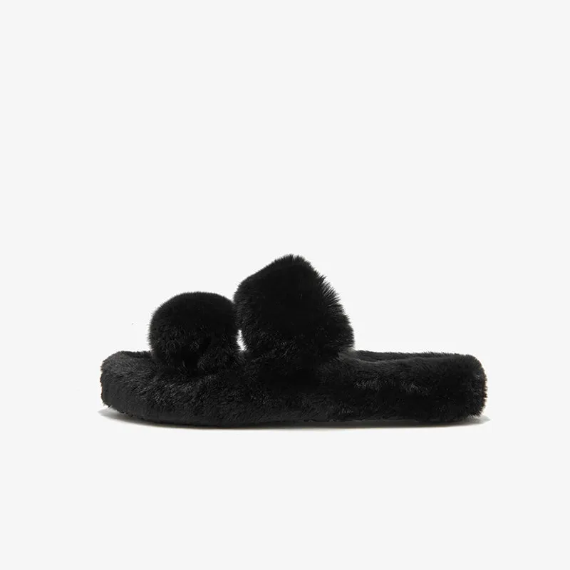 BeauToday Pure Color Soft Rabbit Fur Platform Slouchy Slippers for Women  at Home or Outing