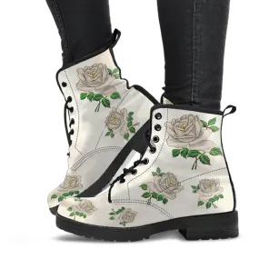 Combat Boots - Vintage Style White Roses | Vegan Leather Lace Up Boots, Handmade Lace Up Boots, Women’s Boots, Custom Shoes, Aesthetic Shoes
