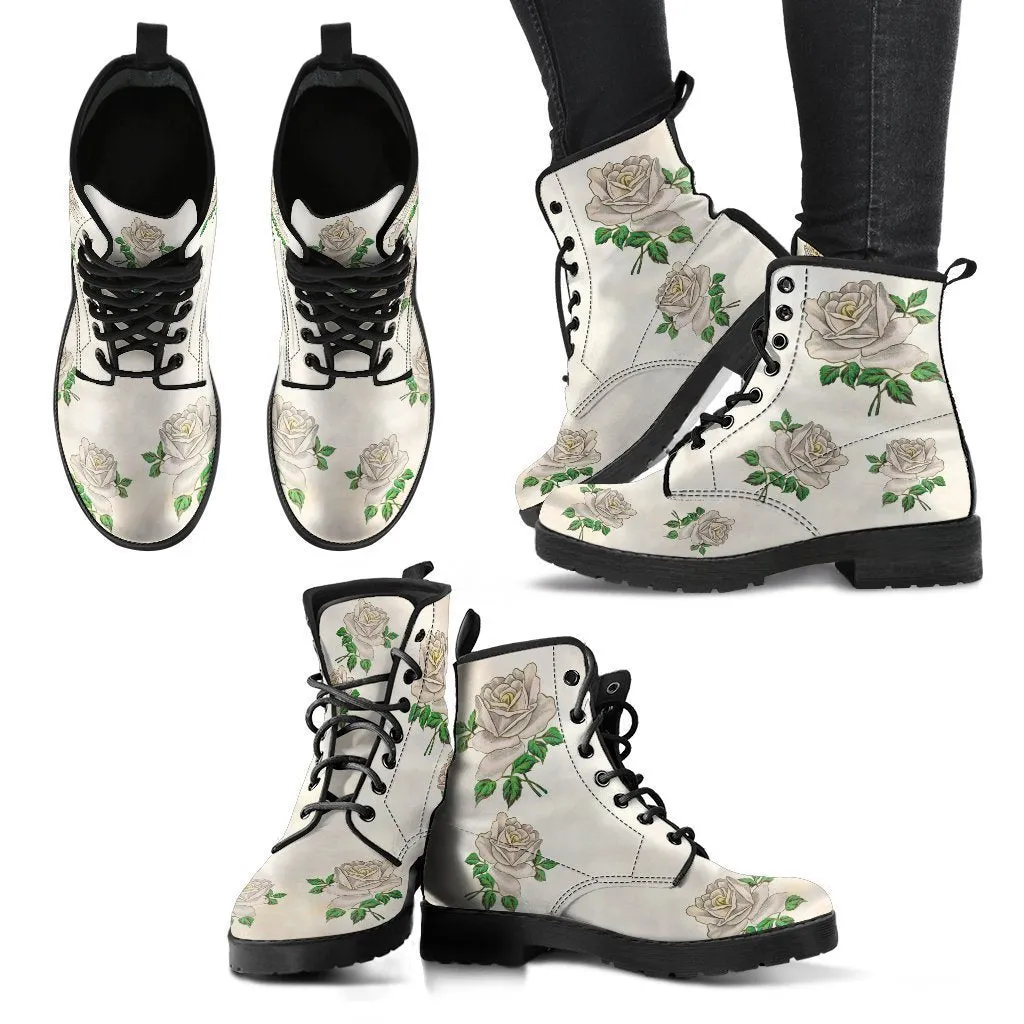 Combat Boots - Vintage Style White Roses | Vegan Leather Lace Up Boots, Handmade Lace Up Boots, Women’s Boots, Custom Shoes, Aesthetic Shoes