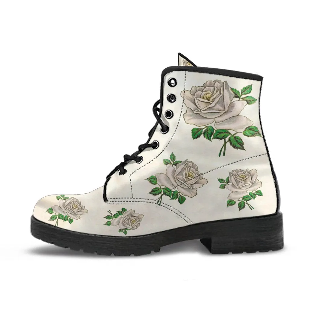 Combat Boots - Vintage Style White Roses | Vegan Leather Lace Up Boots, Handmade Lace Up Boots, Women’s Boots, Custom Shoes, Aesthetic Shoes
