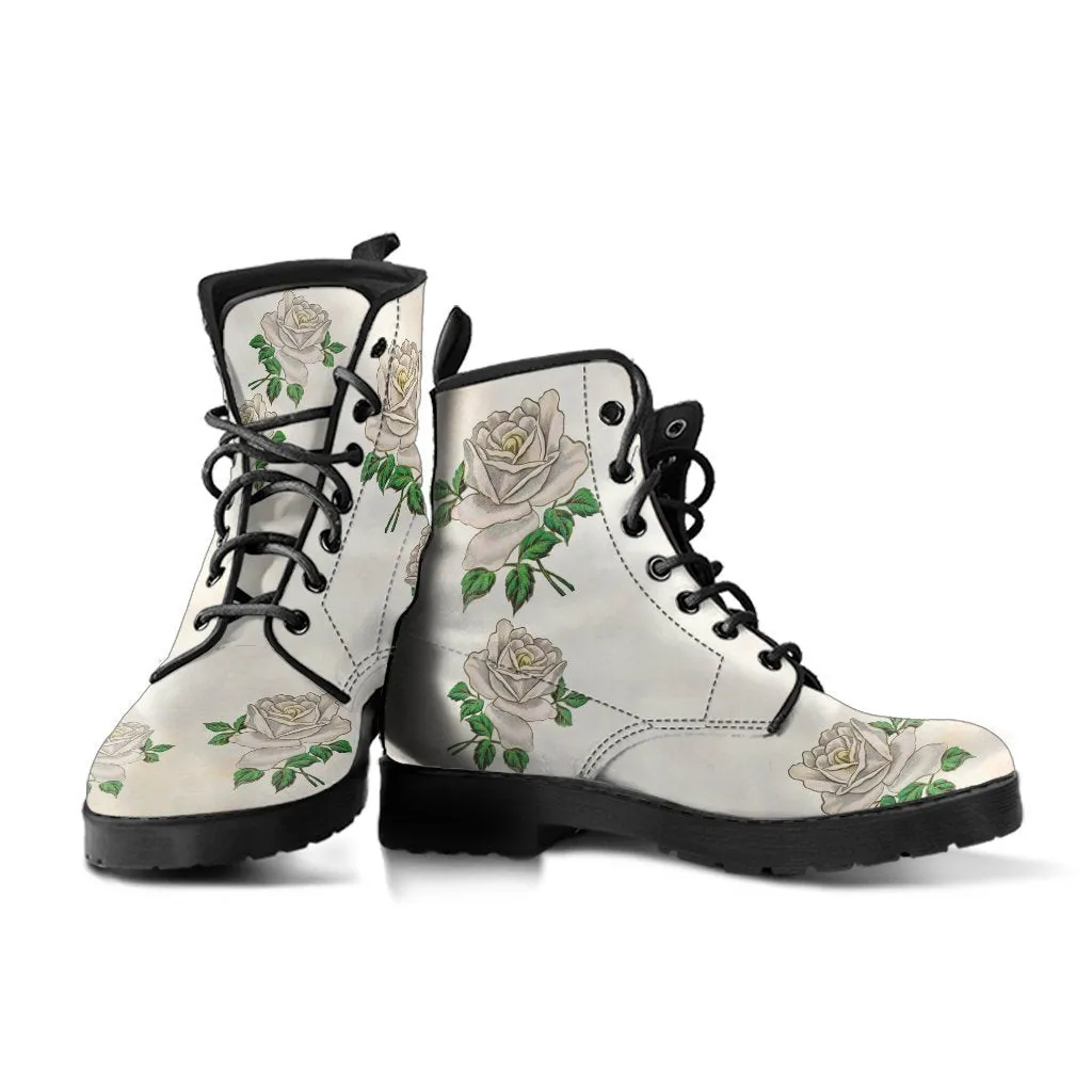 Combat Boots - Vintage Style White Roses | Vegan Leather Lace Up Boots, Handmade Lace Up Boots, Women’s Boots, Custom Shoes, Aesthetic Shoes