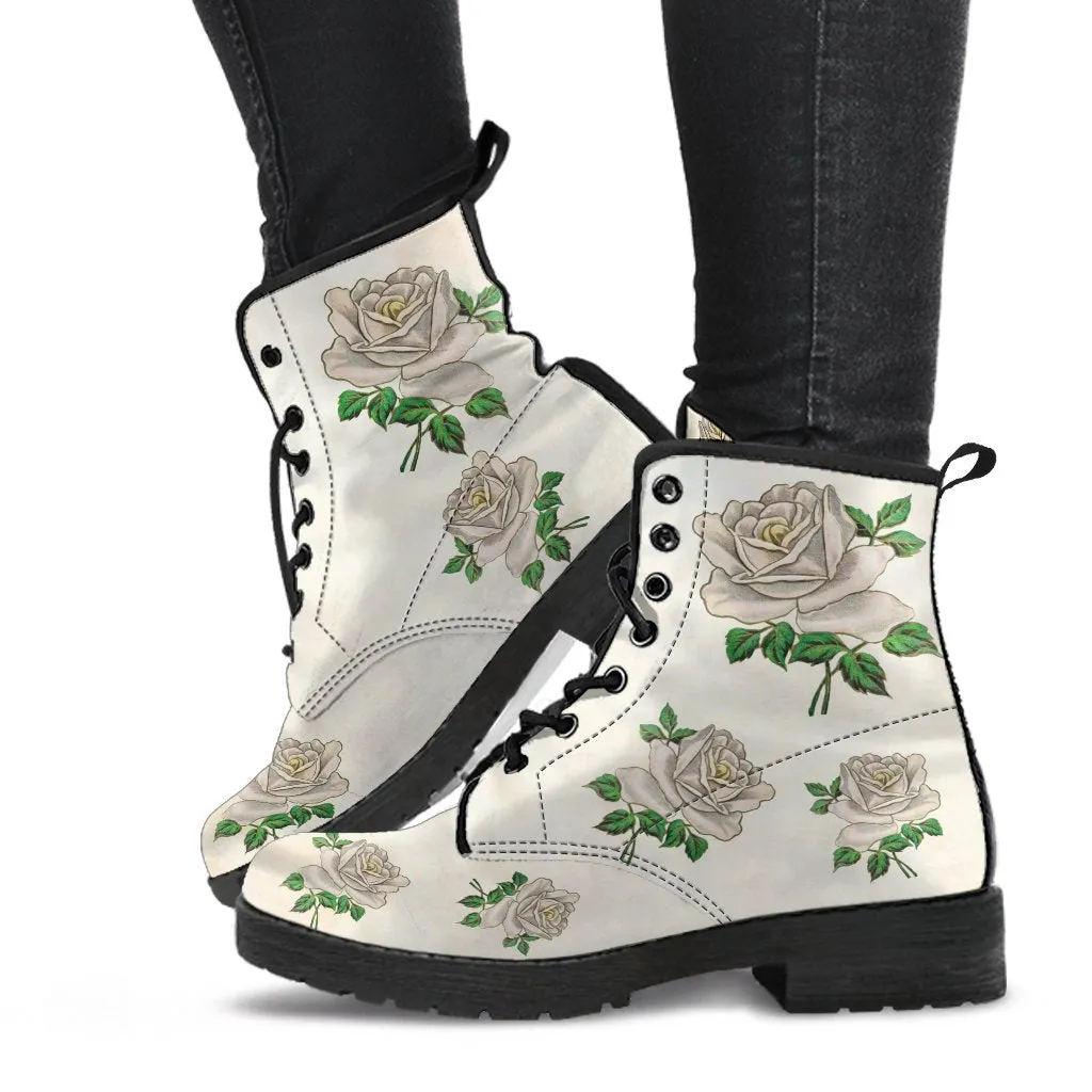 Combat Boots - Vintage Style White Roses | Vegan Leather Lace Up Boots, Handmade Lace Up Boots, Women’s Boots, Custom Shoes, Aesthetic Shoes