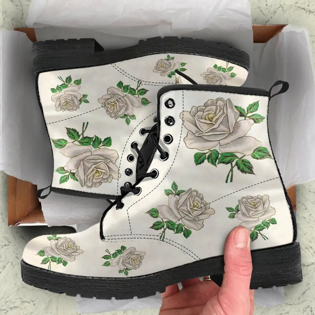 Combat Boots - Vintage Style White Roses | Vegan Leather Lace Up Boots, Handmade Lace Up Boots, Women’s Boots, Custom Shoes, Aesthetic Shoes