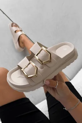 HANNAH Chunky Studded Buckle Sandals - Beige