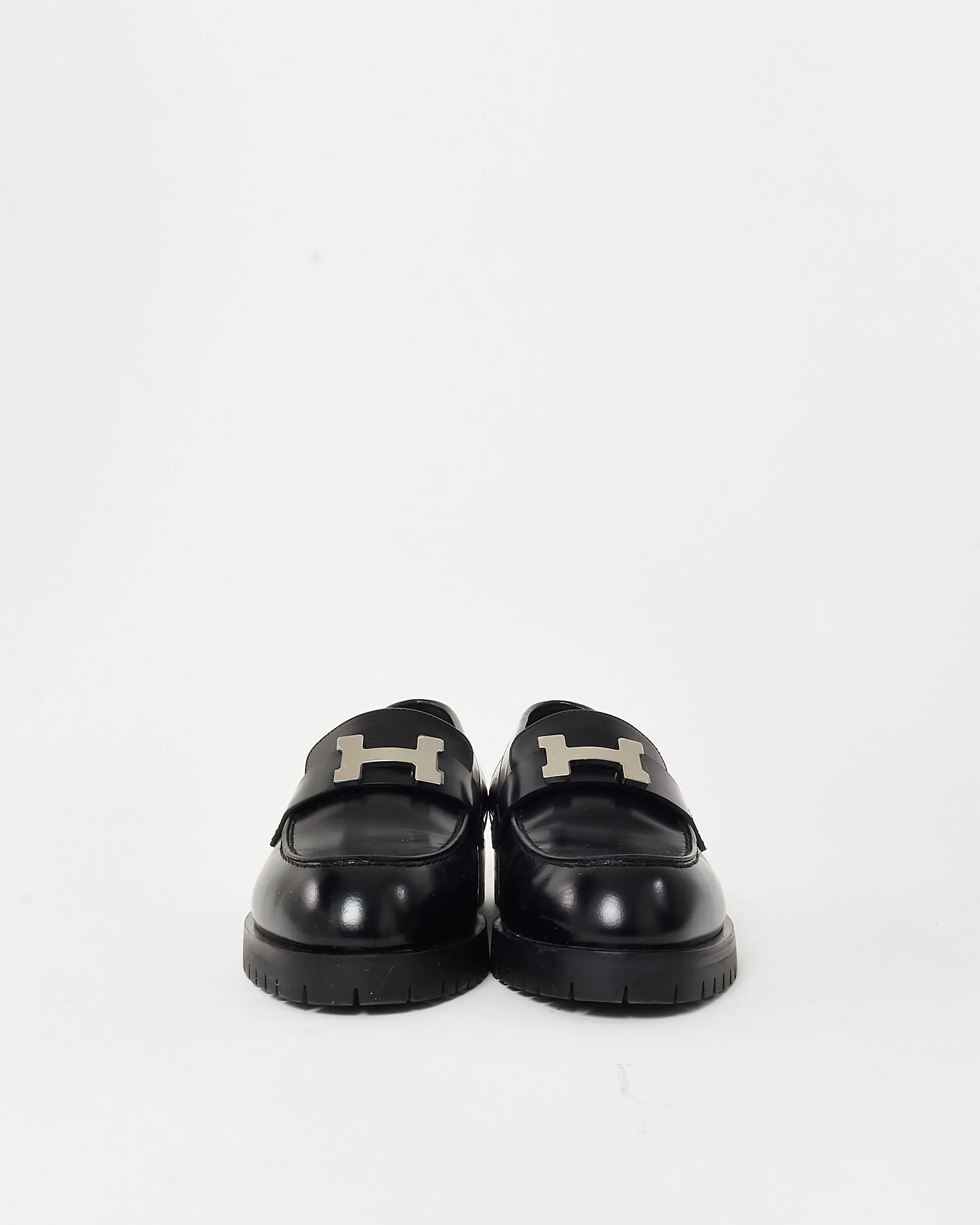Hermès Black Leather Faubourg Silver H Logo Loafers - 36