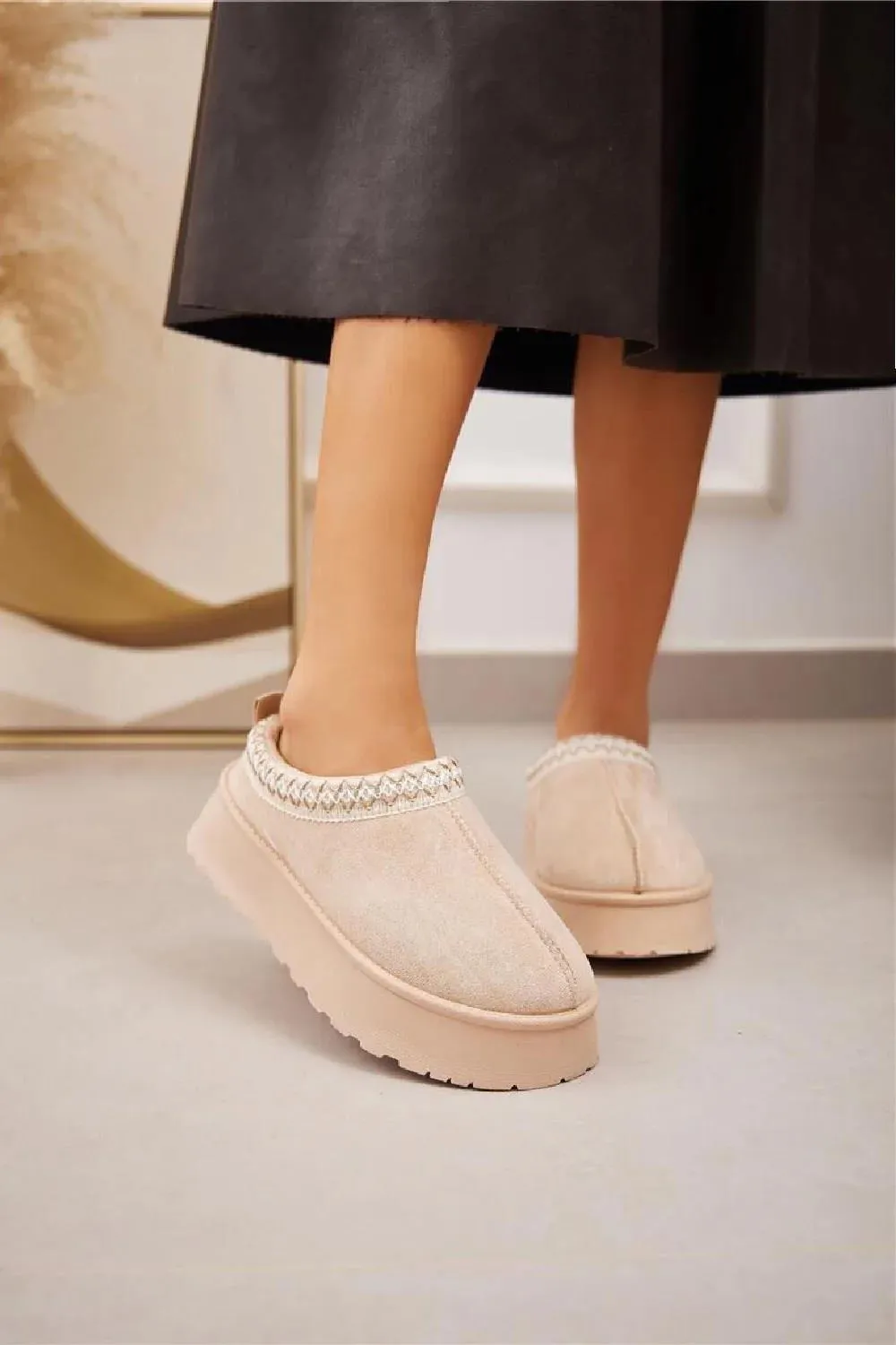 House Of Sehrish 20219 Beige Fluffy Platform Slippers Faux Fur Lined Ankle Boots