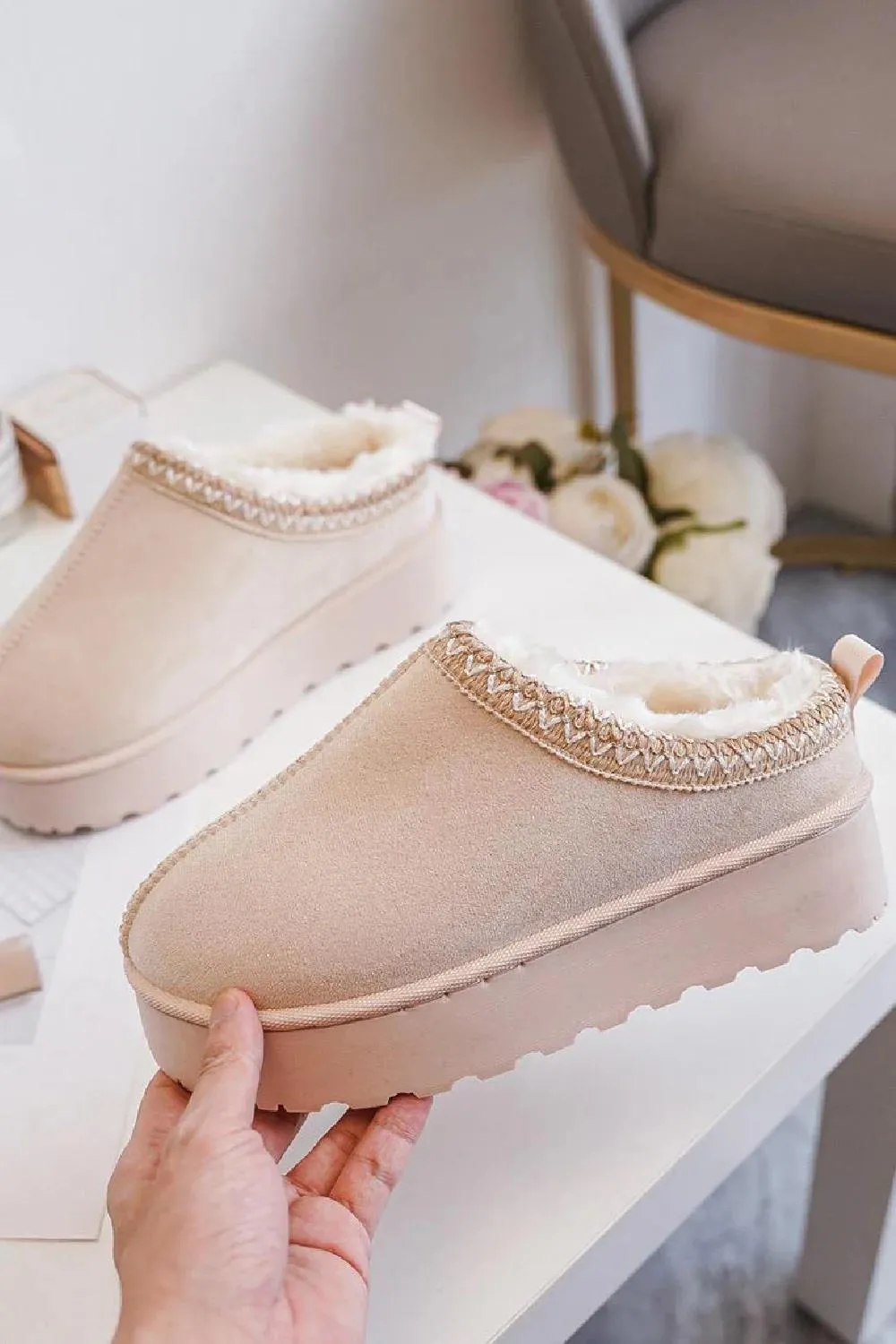 House Of Sehrish 20219 Beige Fluffy Platform Slippers Faux Fur Lined Ankle Boots