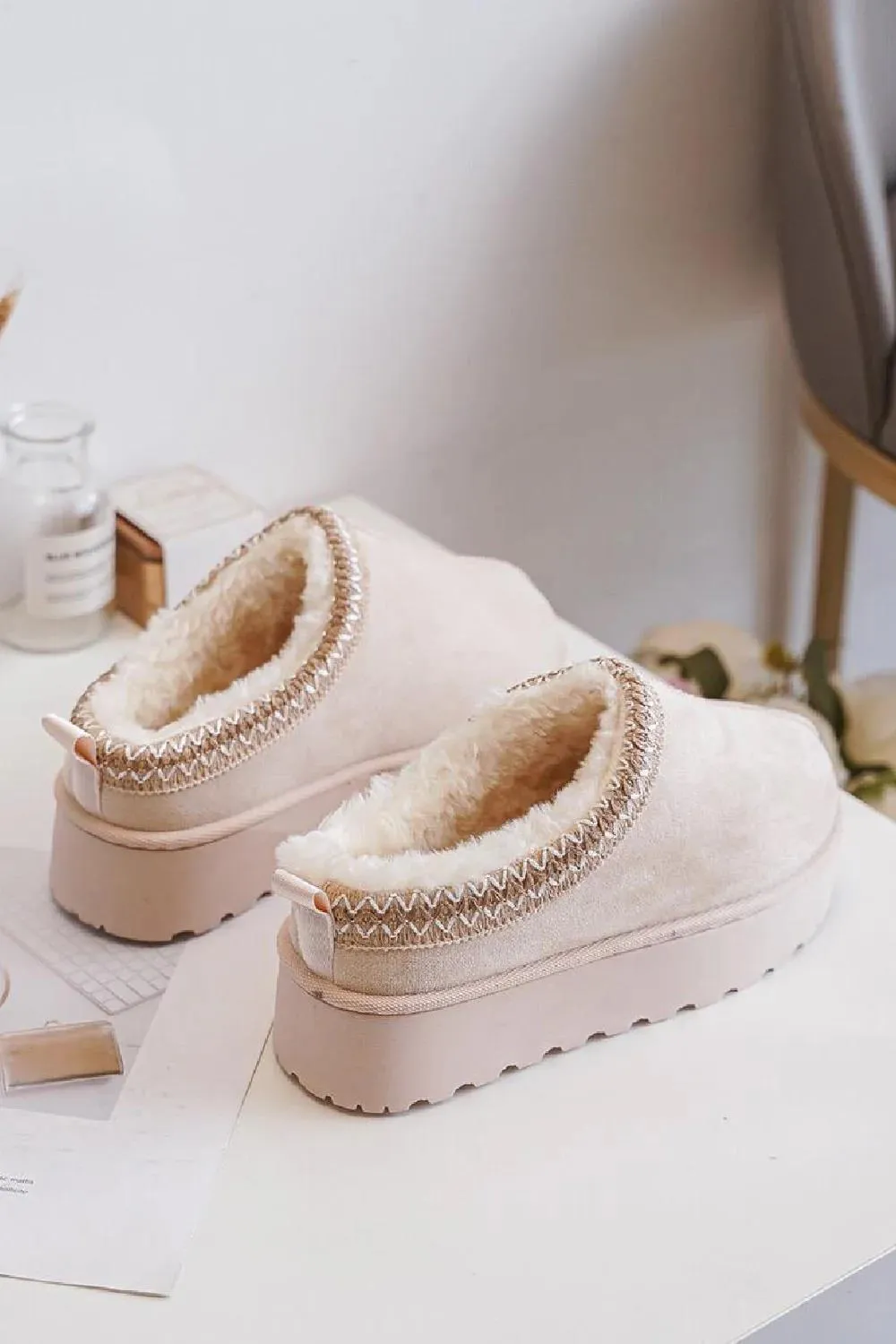 House Of Sehrish 20219 Beige Fluffy Platform Slippers Faux Fur Lined Ankle Boots