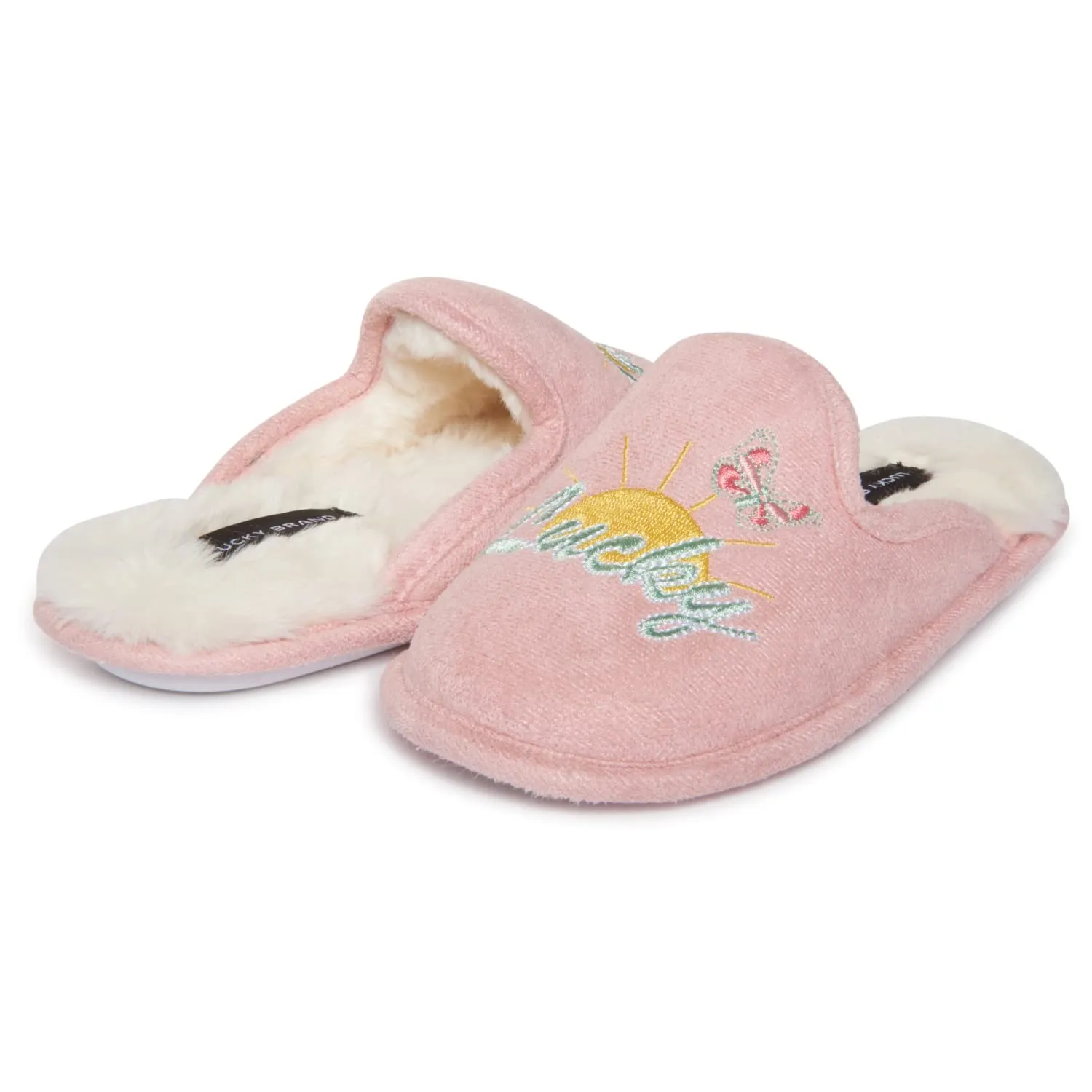 Lucky Brand Girls Micro Suede Scuff Slippers, Fuzzy Rubber Sole House Shoes, Kids Faux Fur Lined Indoor Outdoor Slipper