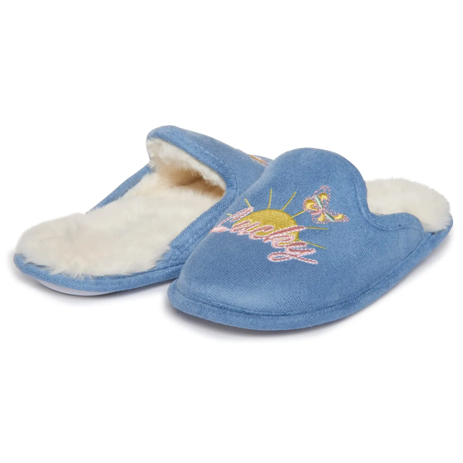 Lucky Brand Girls Micro Suede Scuff Slippers, Fuzzy Rubber Sole House Shoes, Kids Faux Fur Lined Indoor Outdoor Slipper