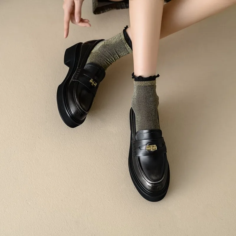 Retro Japanese Cowhide Mid Heel Penny Loafers with Coin Design Black/Brown
