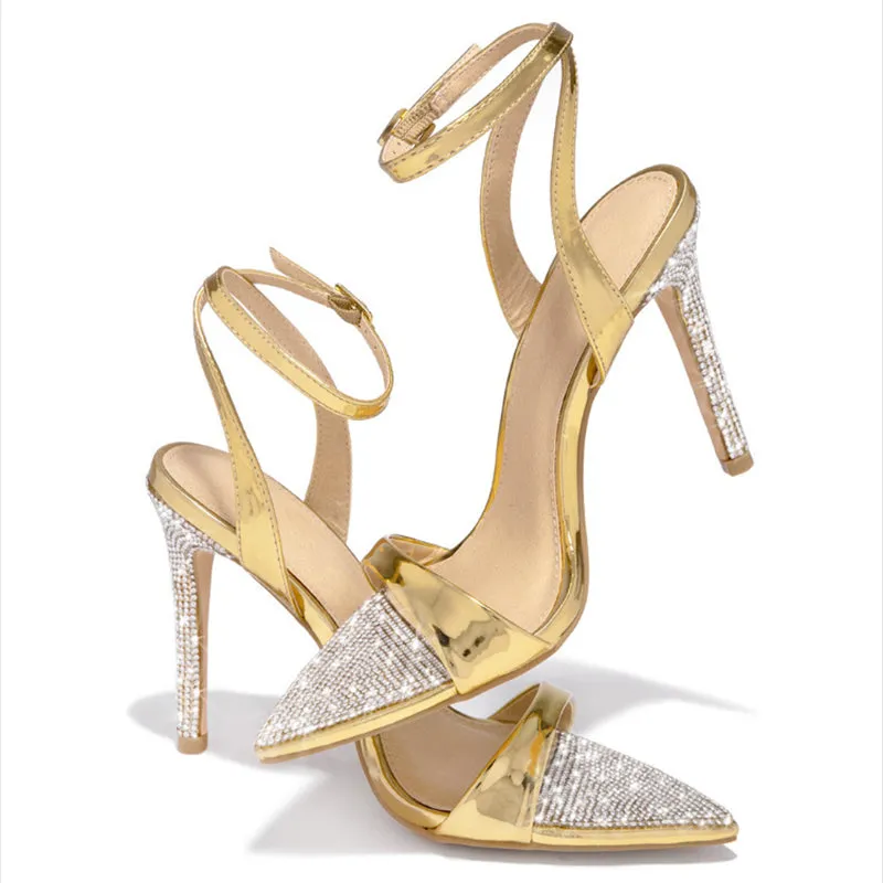 Rhinestone pointed peep toe heel sandals hollow ankle strap sandals
