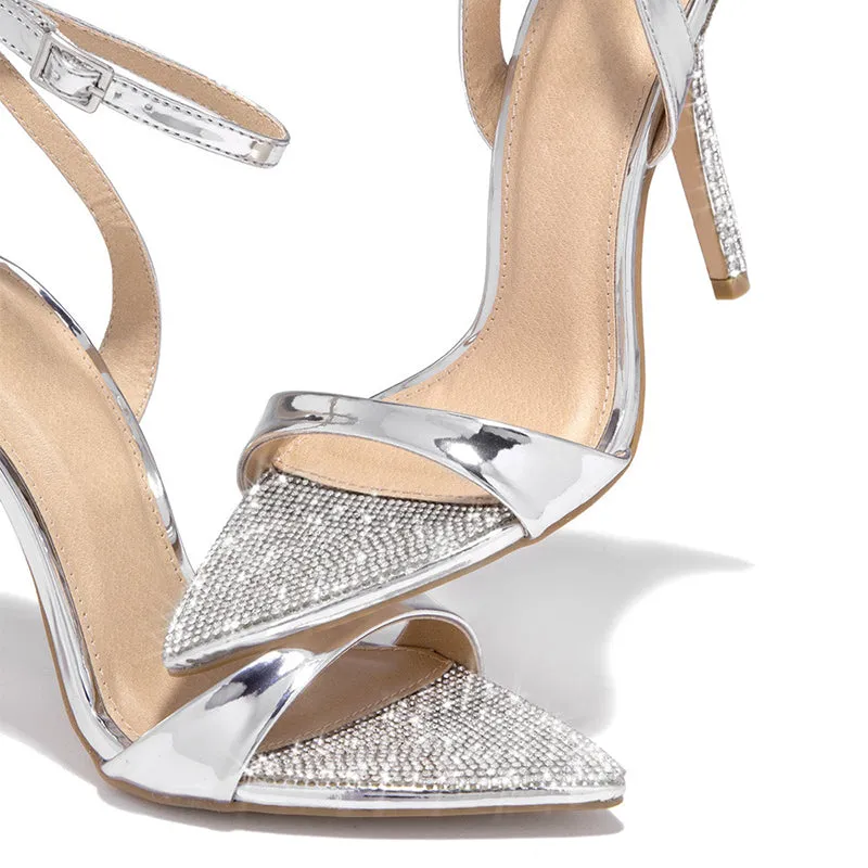 Rhinestone pointed peep toe heel sandals hollow ankle strap sandals