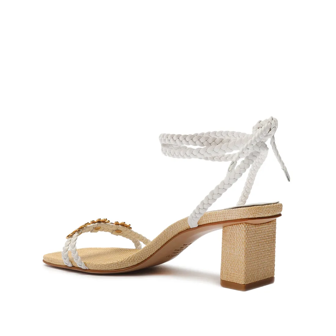 Schutz Hina Mid White Braided Details Lace Up Open Toe Mid Block Heel Sandals