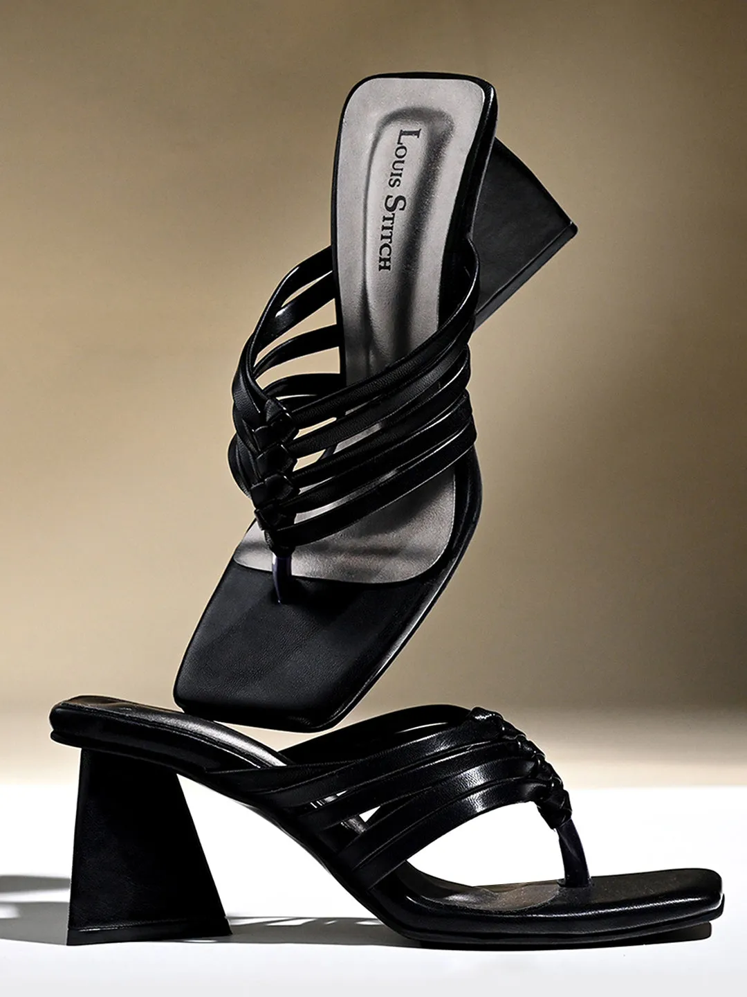 Women's Black Weaved T-Strap Block Heel Lightweight Sandals