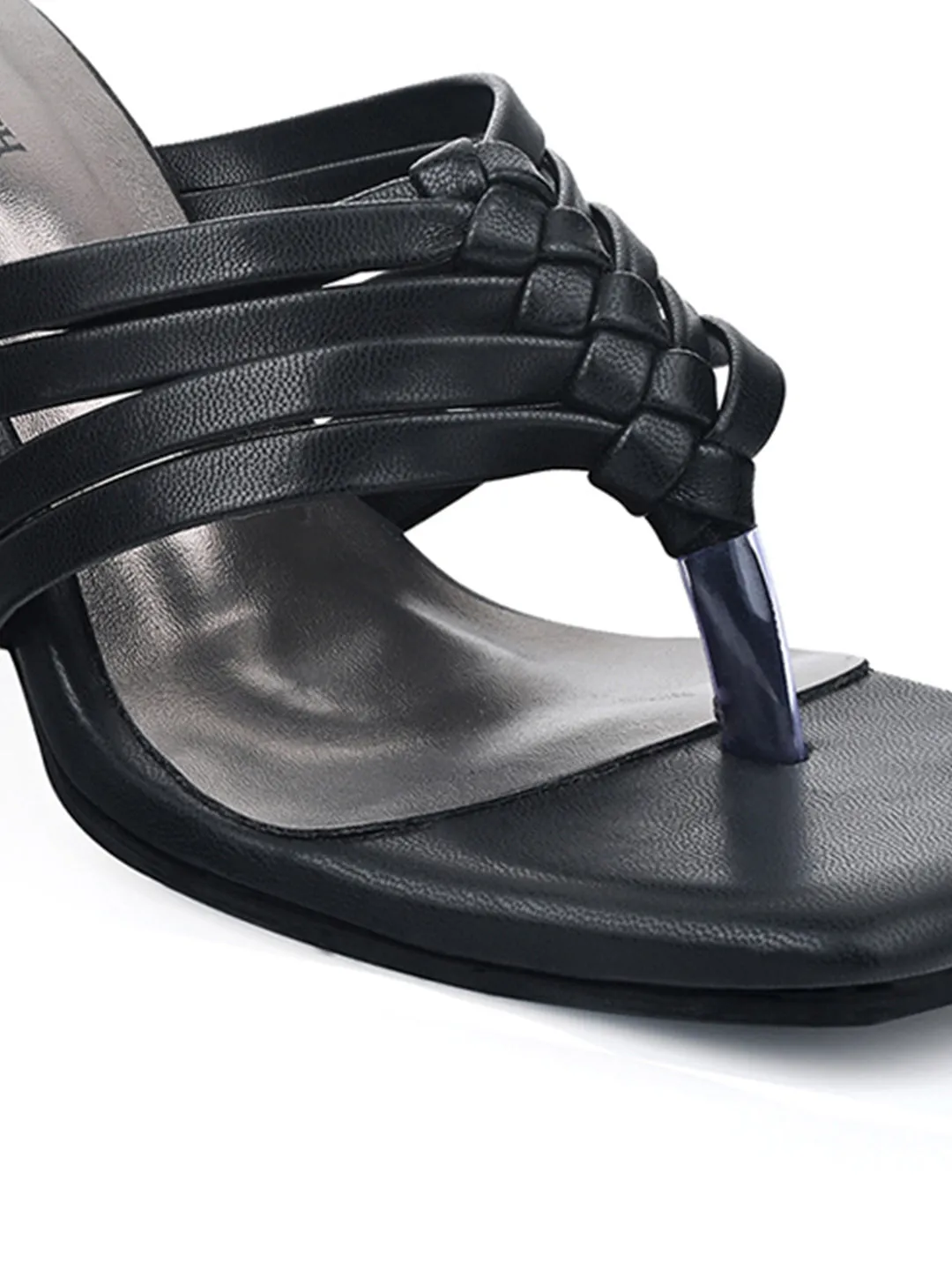 Women's Black Weaved T-Strap Block Heel Lightweight Sandals