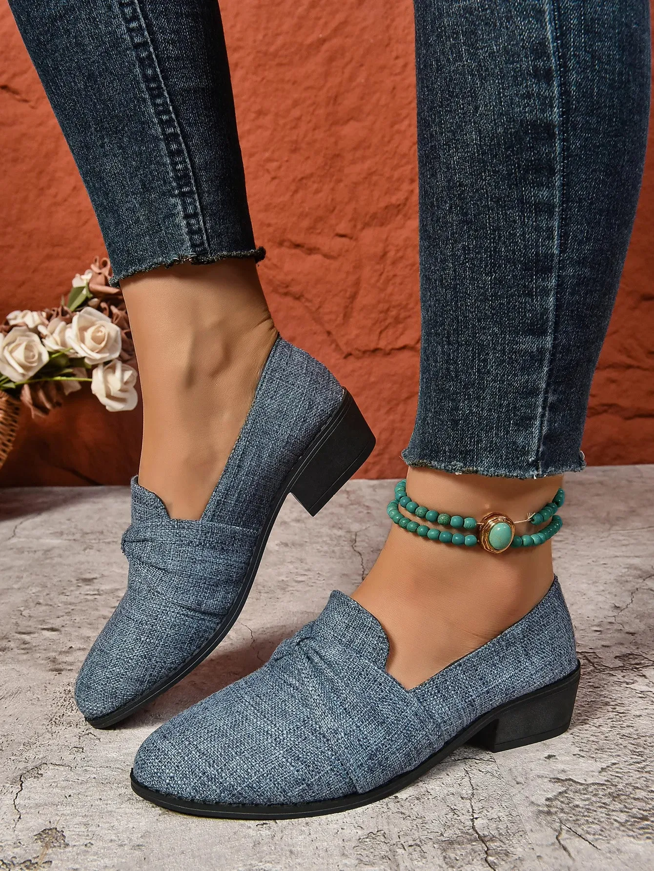 Women's Loafers Pointed Toe Chunky Heel Shoes