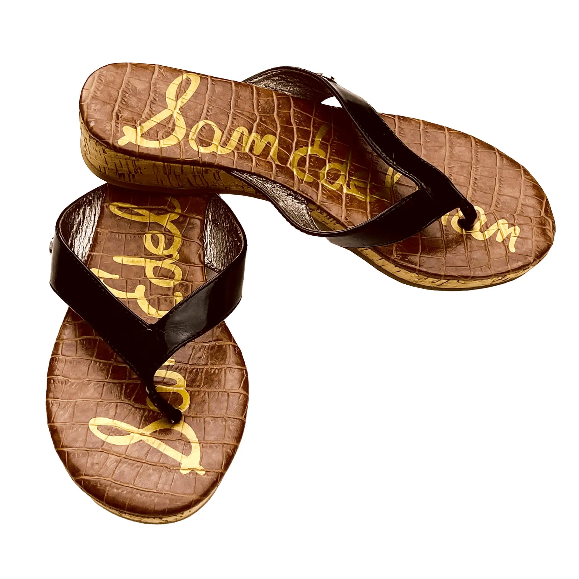 Women's Sam Edelman Black Thong Cork Wedge Sandals - Size 7