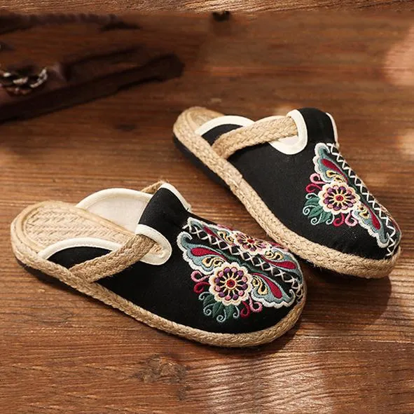 Women's woven Ethnic flower backless canvas shoes