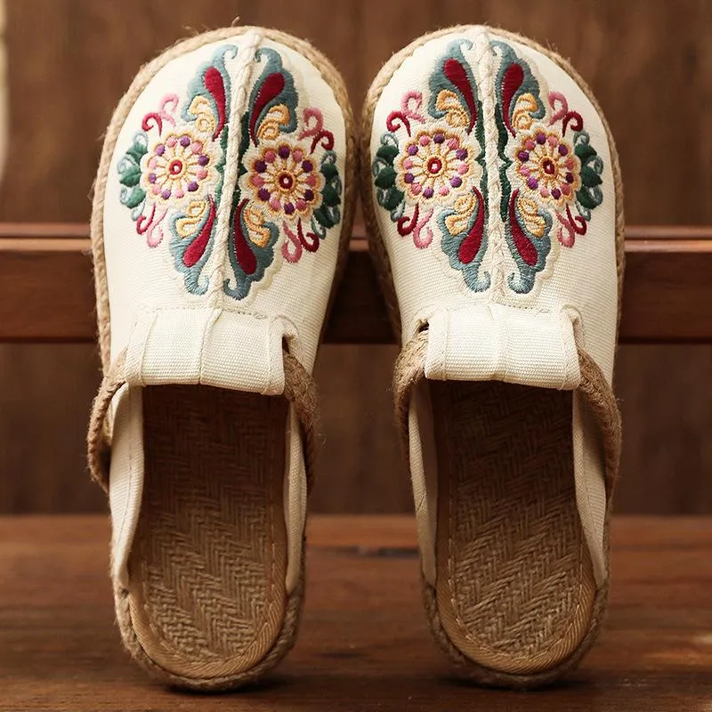 Women's woven Ethnic flower backless canvas shoes