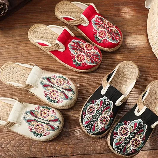 Women's woven Ethnic flower backless canvas shoes