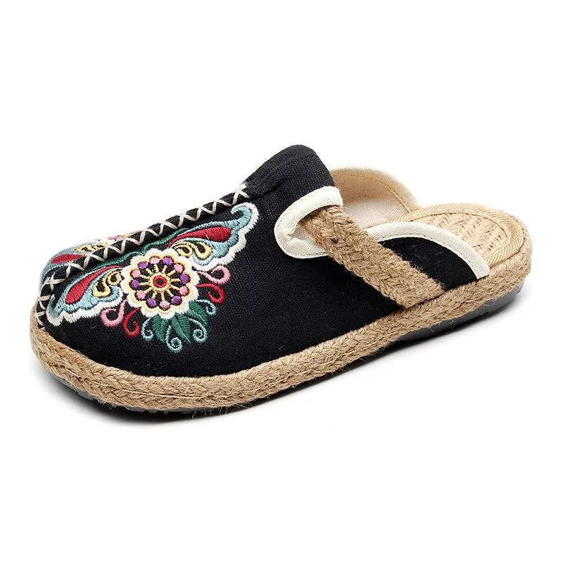 Women's woven Ethnic flower backless canvas shoes