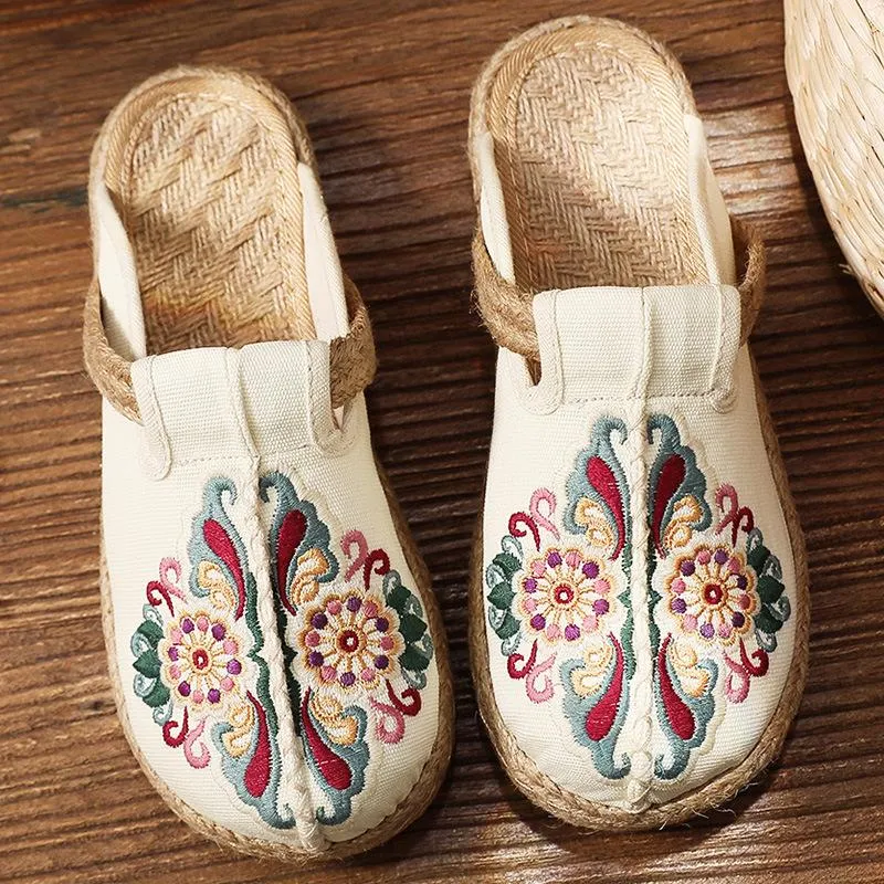 Women's woven Ethnic flower backless canvas shoes