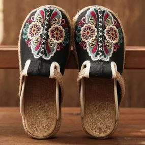 Women's woven Ethnic flower backless canvas shoes