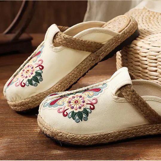 Women's woven Ethnic flower backless canvas shoes