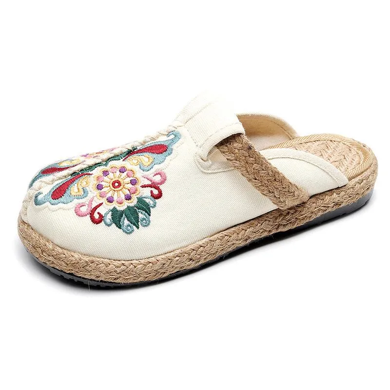 Women's woven Ethnic flower backless canvas shoes