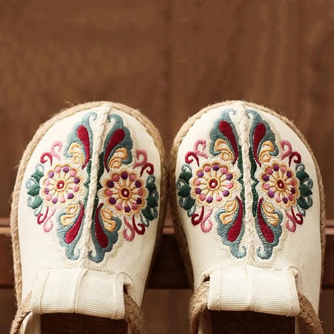 Women's woven Ethnic flower backless canvas shoes