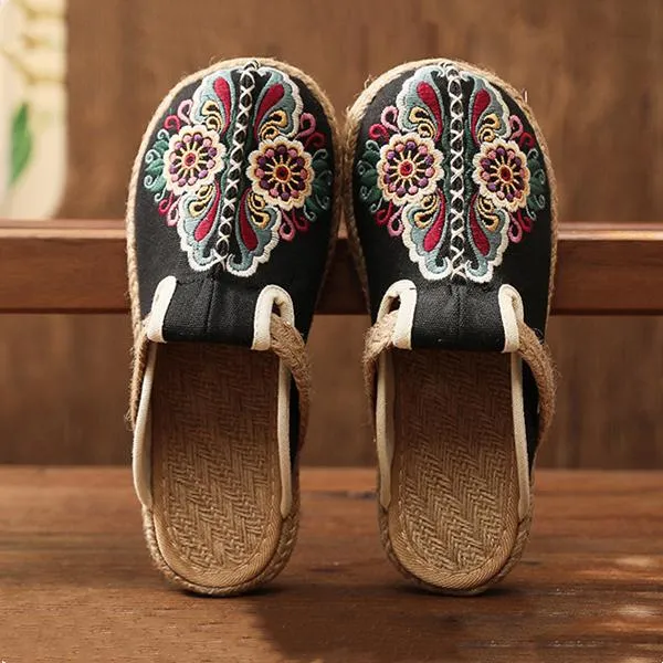 Women's woven Ethnic flower backless canvas shoes
