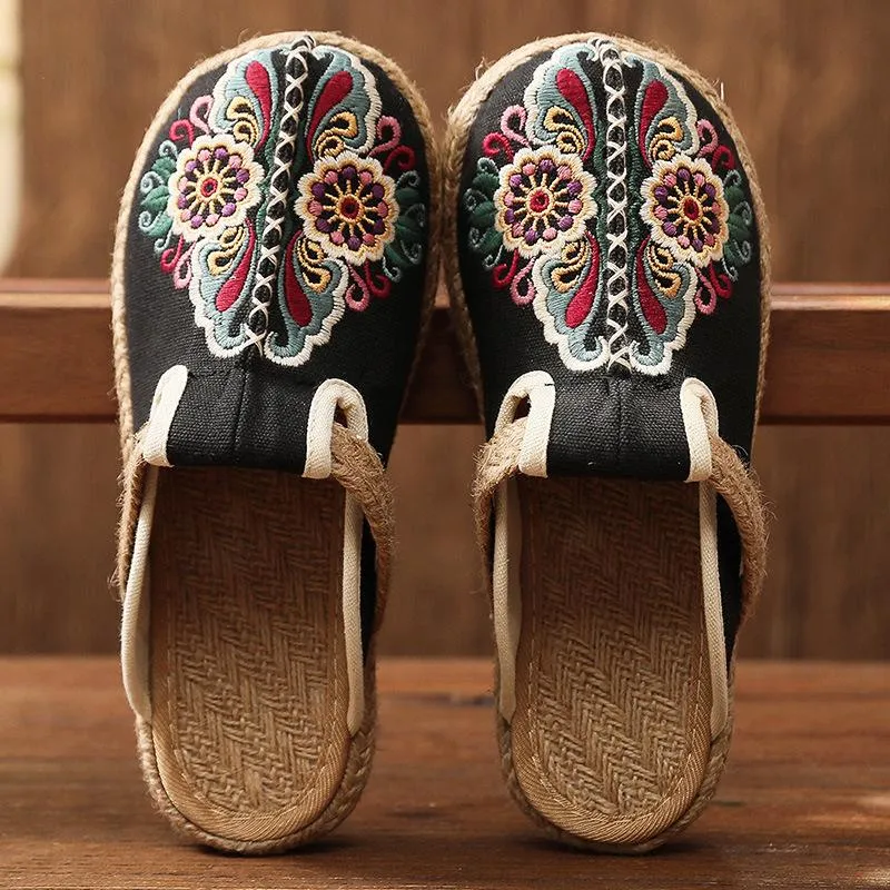 Women's woven Ethnic flower backless canvas shoes