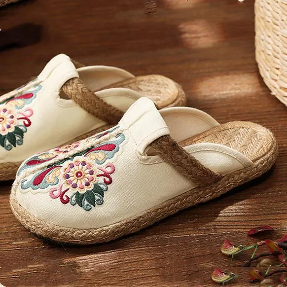 Women's woven Ethnic flower backless canvas shoes