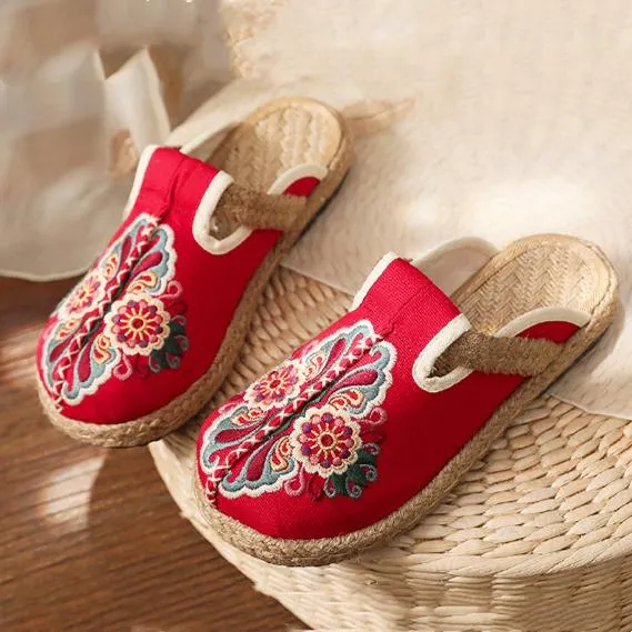 Women's woven Ethnic flower backless canvas shoes