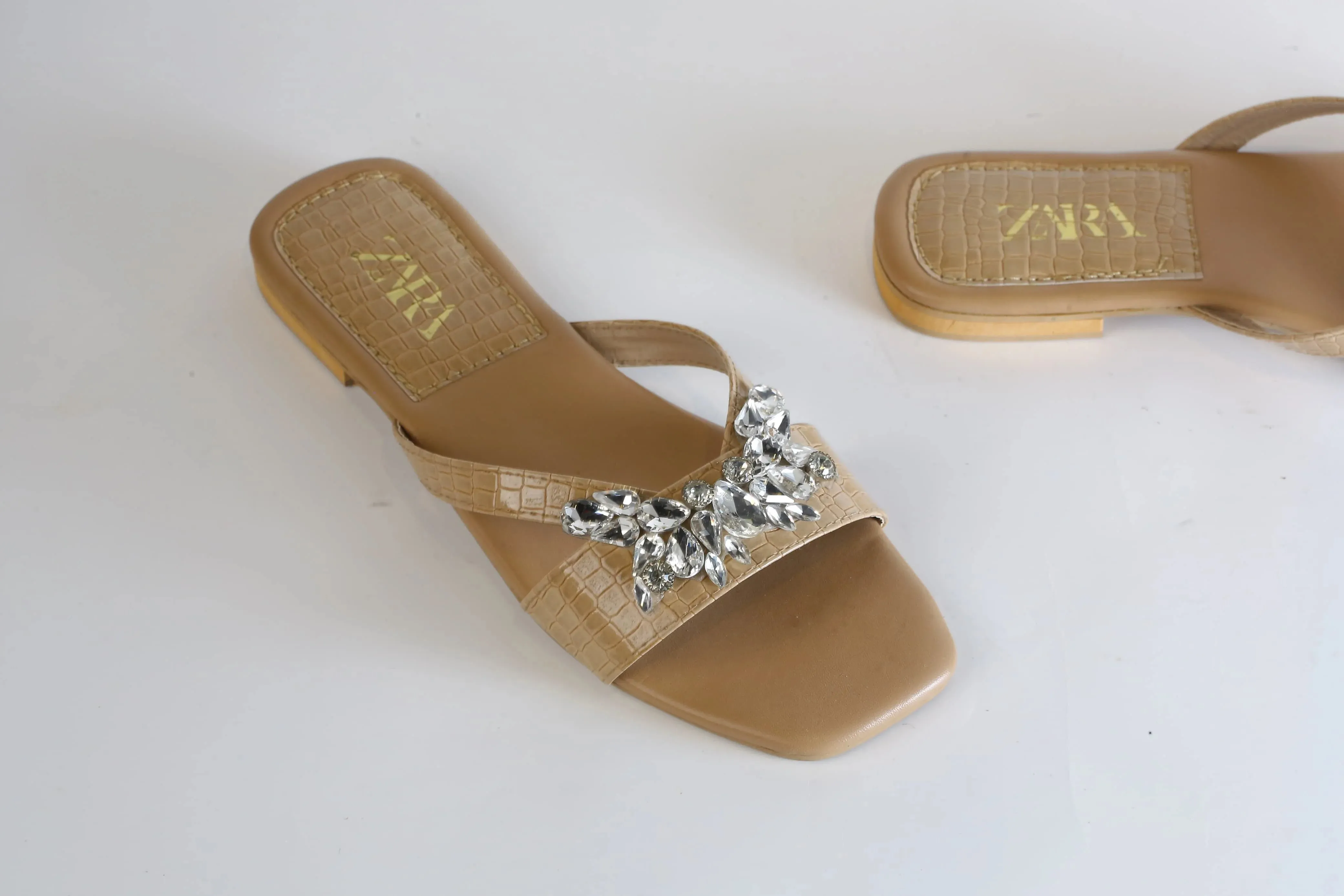 ZARA CRYSTAL FLAT SANDALS - BEIGE