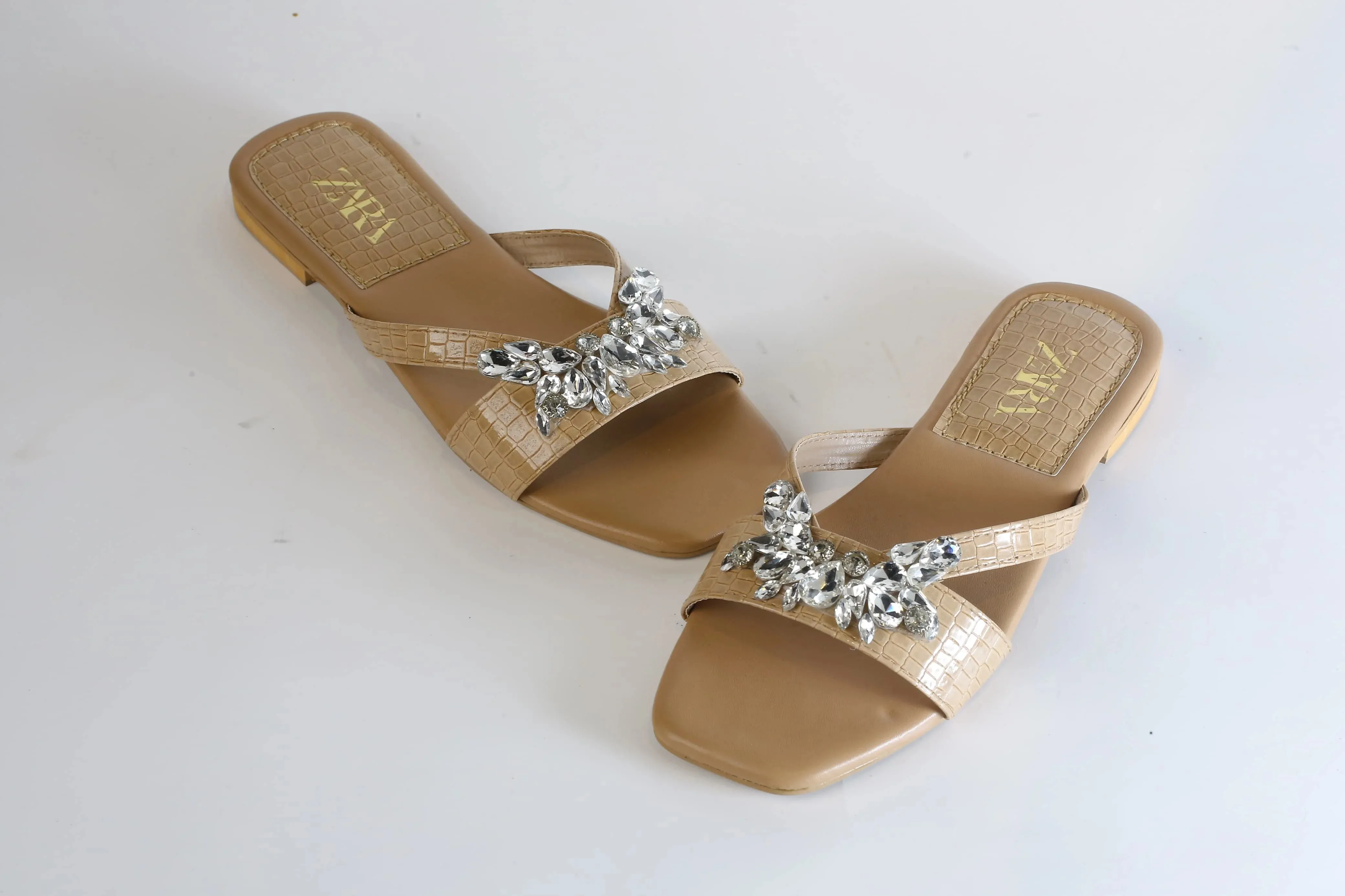 ZARA CRYSTAL FLAT SANDALS - BEIGE