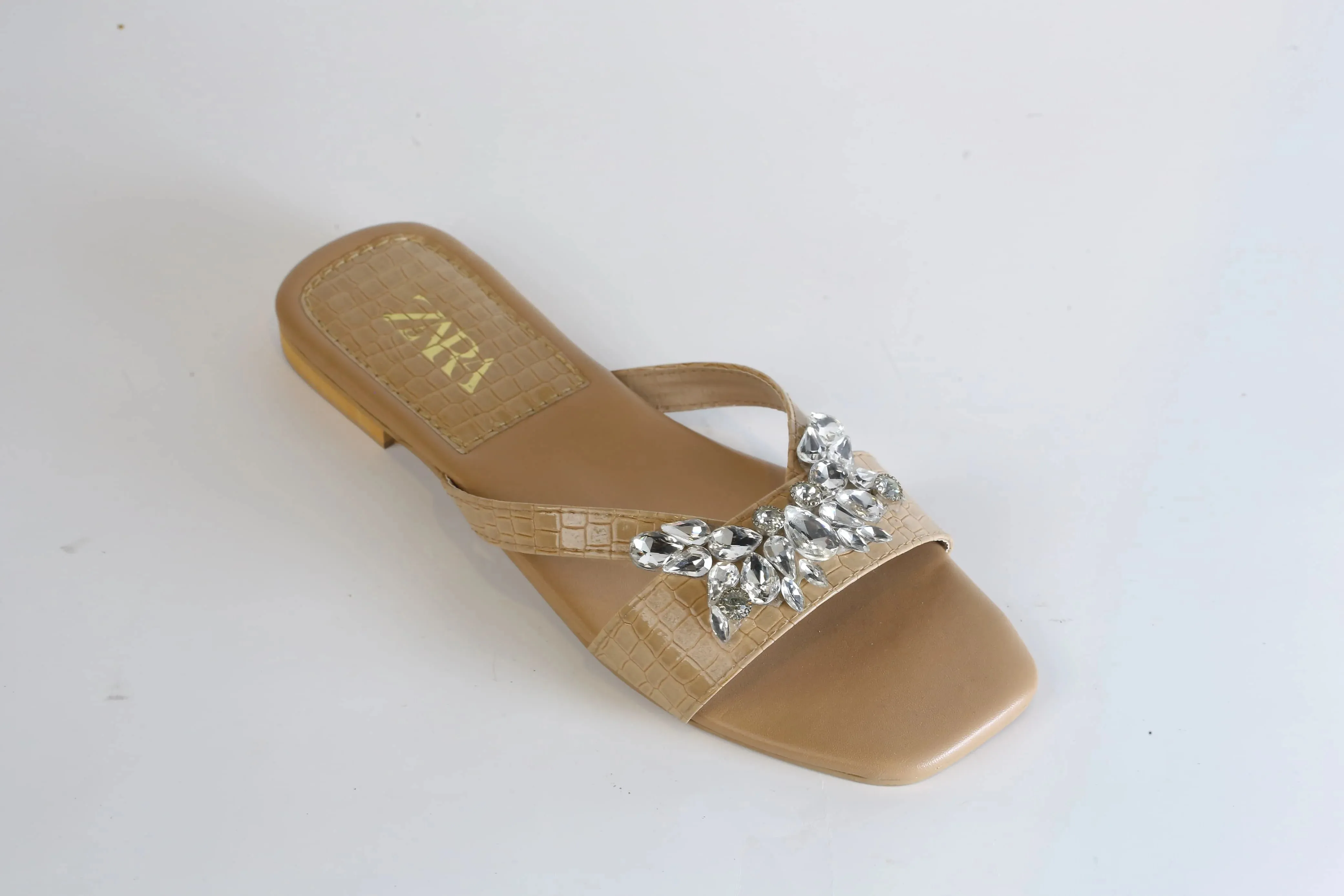 ZARA CRYSTAL FLAT SANDALS - BEIGE