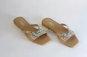 ZARA CRYSTAL FLAT SANDALS - BEIGE