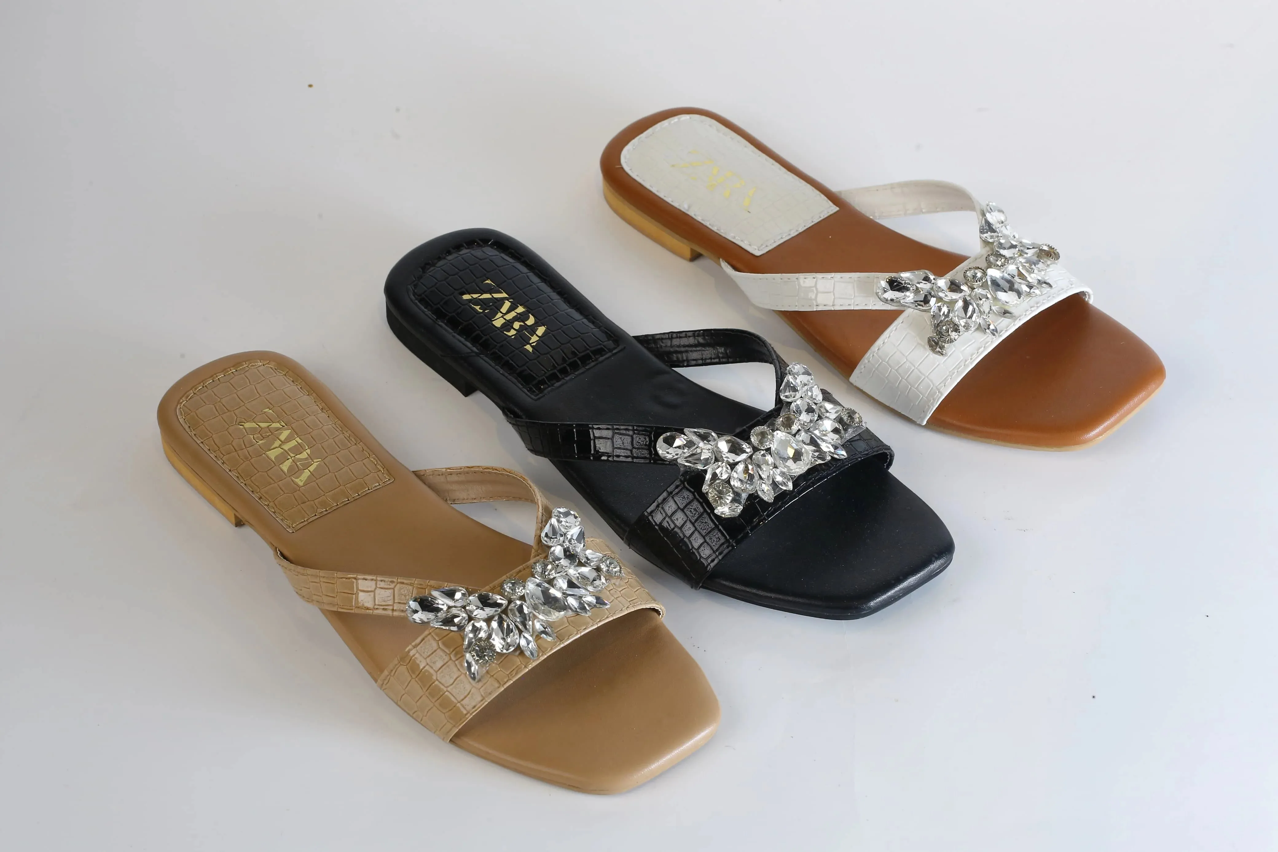 ZARA CRYSTAL FLAT SANDALS - BEIGE