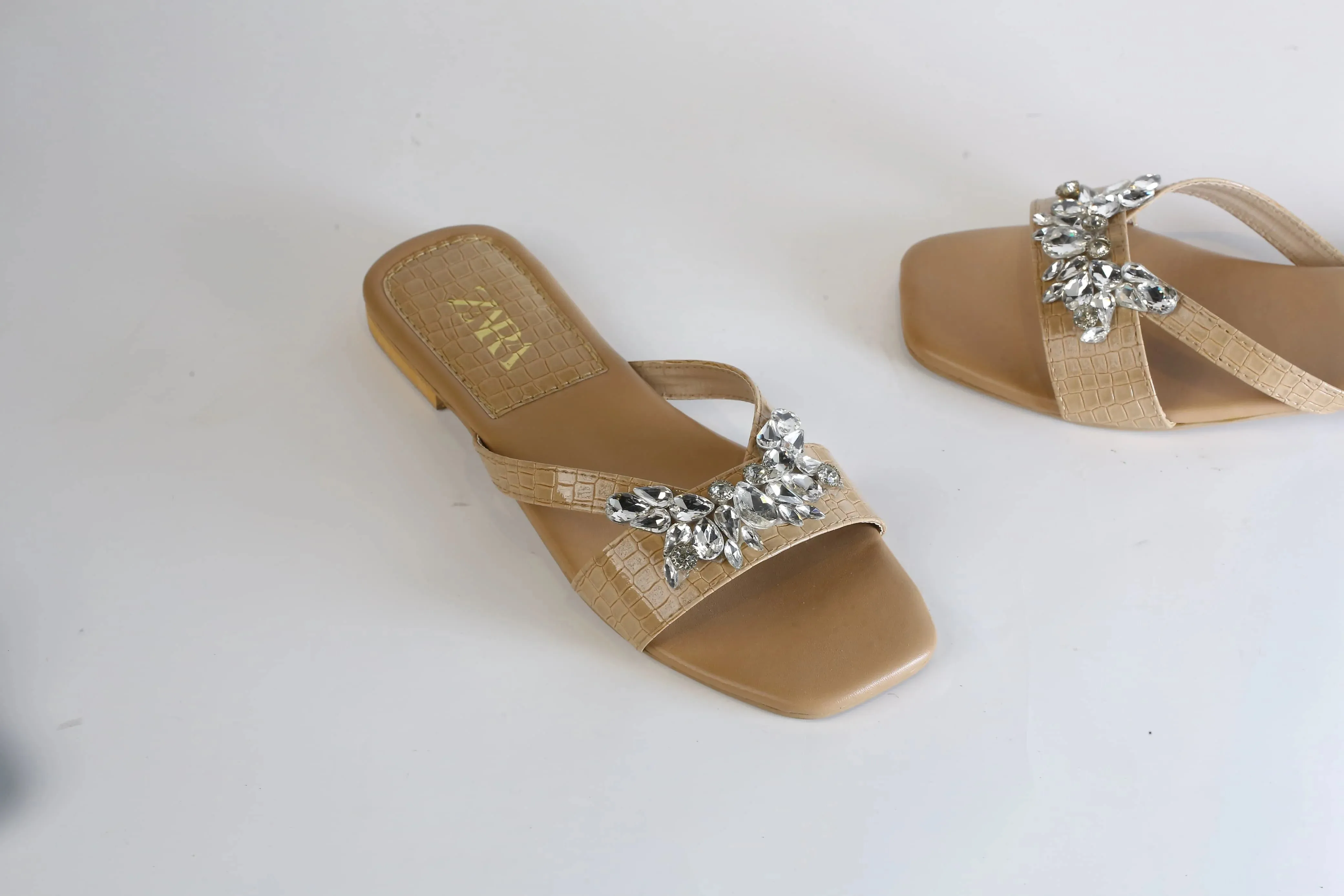 ZARA CRYSTAL FLAT SANDALS - BEIGE